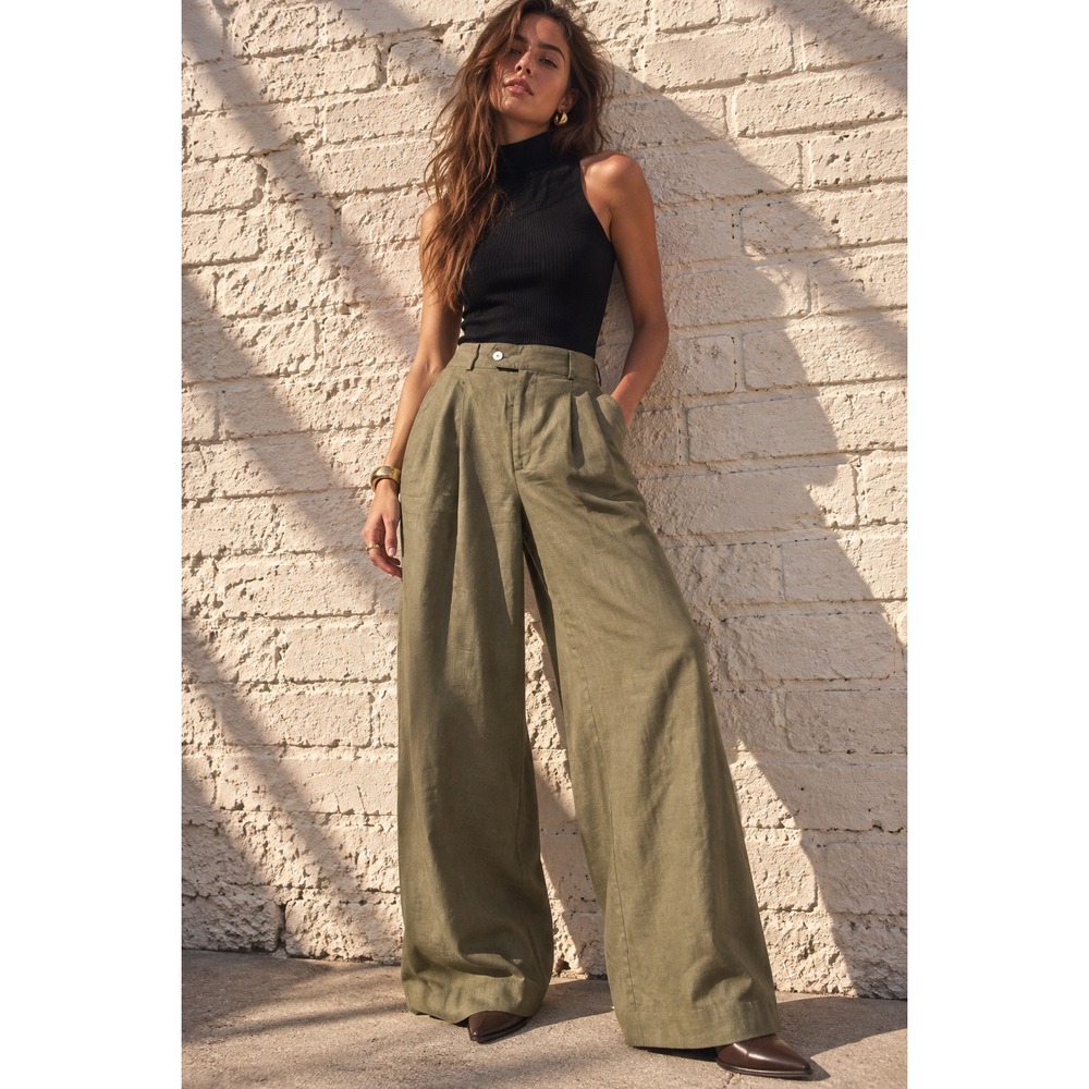 Vintage Studio 121 Olive Green Linen Wide Leg Trousers High Rise Pleated Pants 2